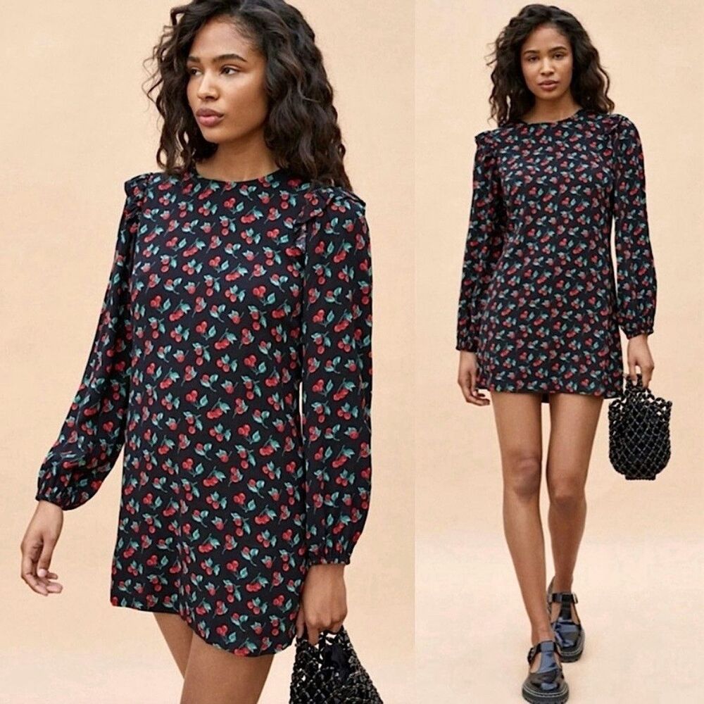 Reformation Mini Dress Size M Bedford Cherry Print Black Puff Ruffle Keyhole